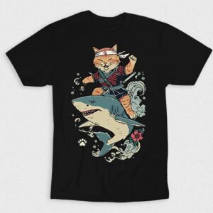 Kaos Japanese Cat Warrior Riding Shark
